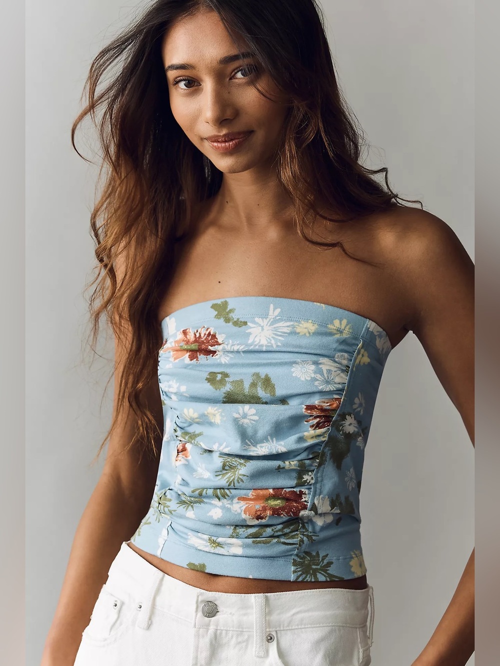 NWT Anthropologie Pilcro Cotton Ruched Tube Top Blue Floral Pattern Vacation